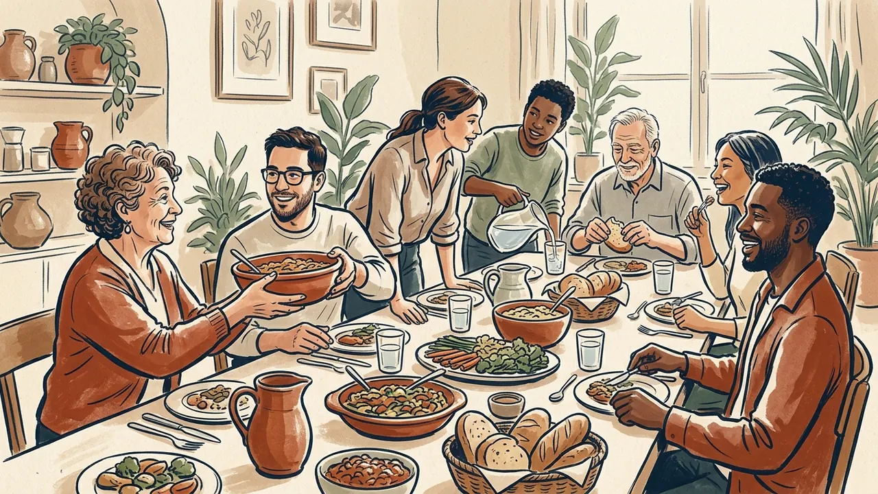 Un grupo de adultos comparte platos caseros y conversa alrededor de una mesa.