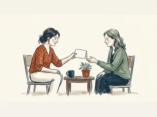 Dos mujeres adultas intercambian una tarjeta de agradecimiento junto a una mesa con una planta.