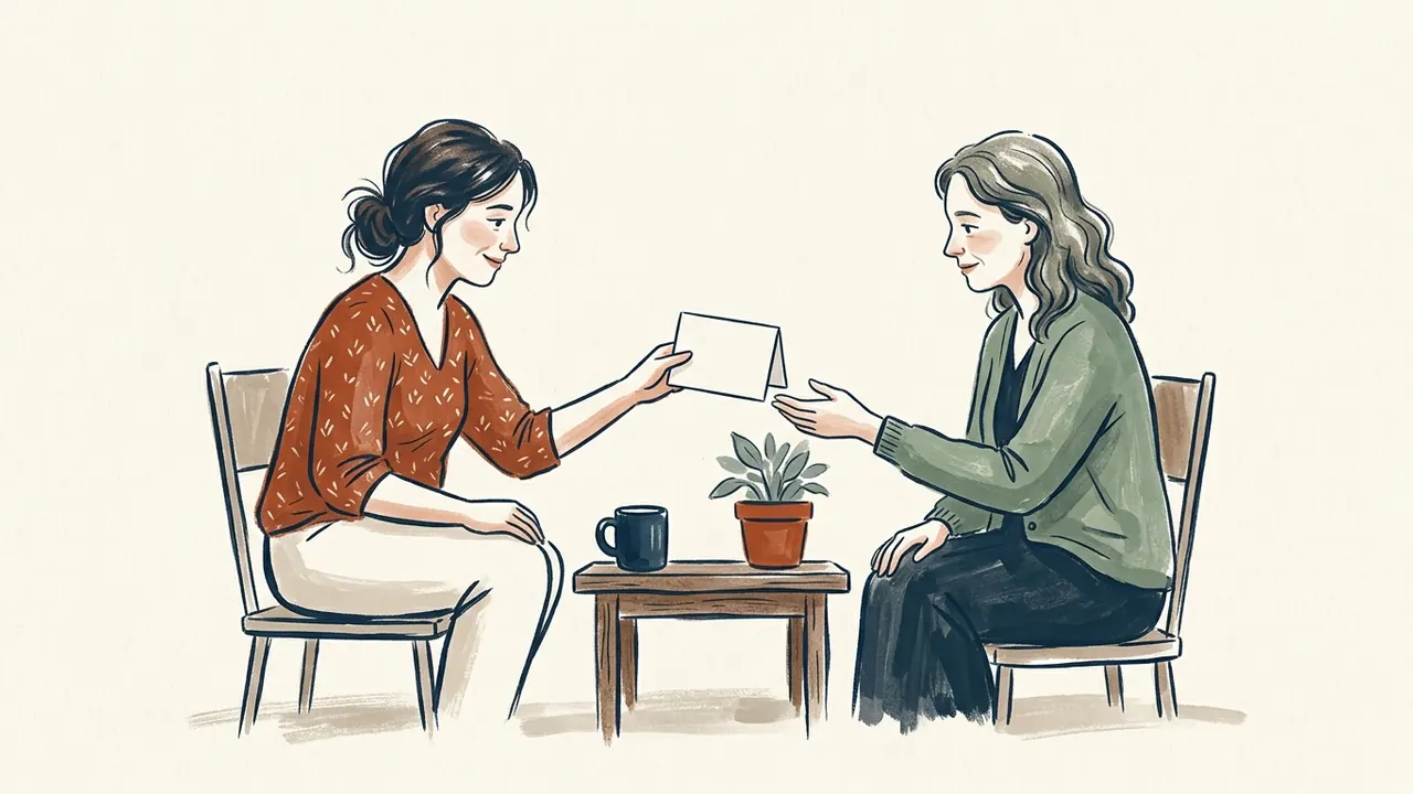 Dos mujeres adultas intercambian una tarjeta de agradecimiento junto a una mesa con una planta.