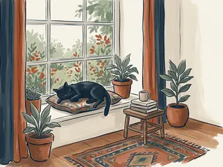 Gato negro descansando sobre un cojín junto a una ventana, en una ilustración de interior.