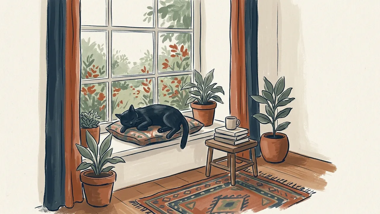 Gato negro descansando sobre un cojín junto a una ventana, en una ilustración de interior.