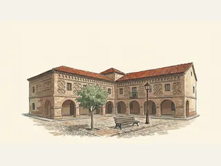 Plaza imaginaria de Aragón con edificios de ladrillo, soportales, un árbol y un banco.
