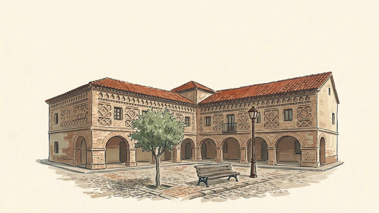 Plaza imaginaria de Aragón con edificios de ladrillo, soportales, un árbol y un banco.