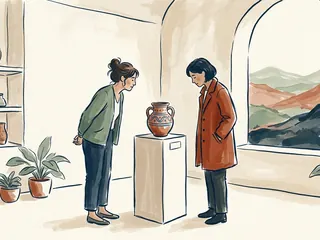 Dos personas observan una vasija de cerámica en una sala cultural con una ventana hacia montañas imaginarias.