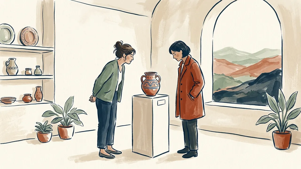 Dos personas observan una vasija de cerámica en una sala cultural con una ventana hacia montañas imaginarias.