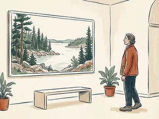 Una persona contempla una ilustración de un lago rodeado de árboles en una sala cultural.