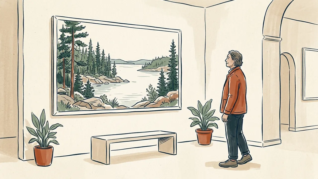Una persona contempla una ilustración de un lago rodeado de árboles en una sala cultural.