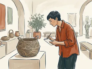Una persona dibuja junto a una cesta de fibras vegetales en una exposición.