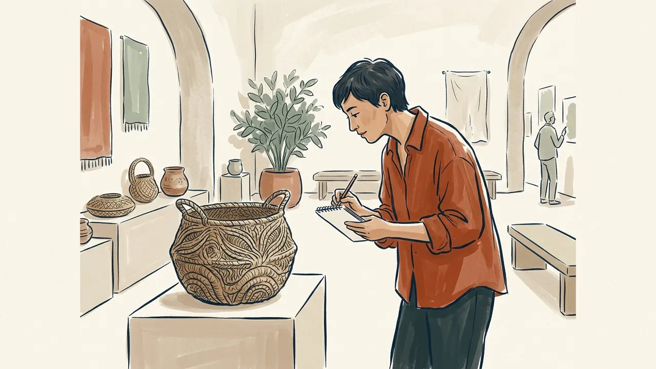 Una persona dibuja junto a una cesta de fibras vegetales en una exposición.