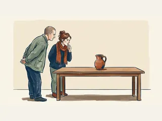 Dos personas contemplan una jarra de barro en una exposición cultural ficticia.