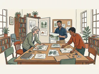 Tres personas organizan dibujos para una exposición en una biblioteca.
