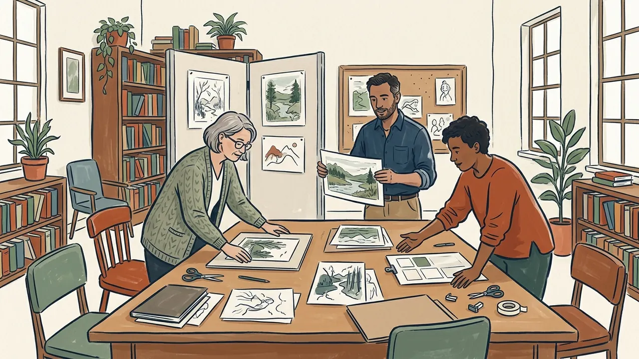 Tres personas organizan dibujos para una exposición en una biblioteca.