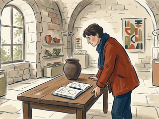 Una persona observa una vasija y dibujos en una sala de patrimonio ficticia.