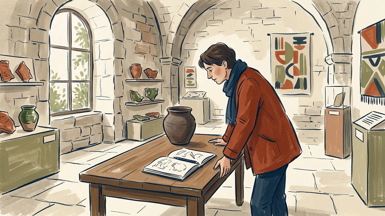 Una persona observa una vasija y dibujos en una sala de patrimonio ficticia.