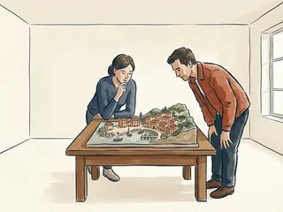 Dos personas contemplan una maqueta de un puerto imaginario sobre una mesa en una sala cultural.