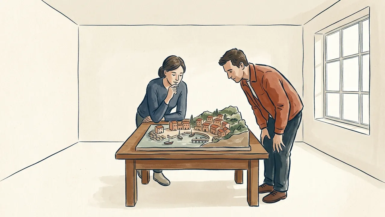 Dos personas contemplan una maqueta de un puerto imaginario sobre una mesa en una sala cultural.