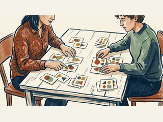 Dos personas adultas comparan tarjetas con círculos, triángulos y cuadrados de varios colores.