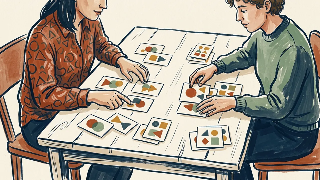 Dos personas adultas comparan tarjetas con círculos, triángulos y cuadrados de varios colores.