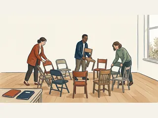 Tres personas colocan sillas en círculo para una conversación en una sala comunitaria.
