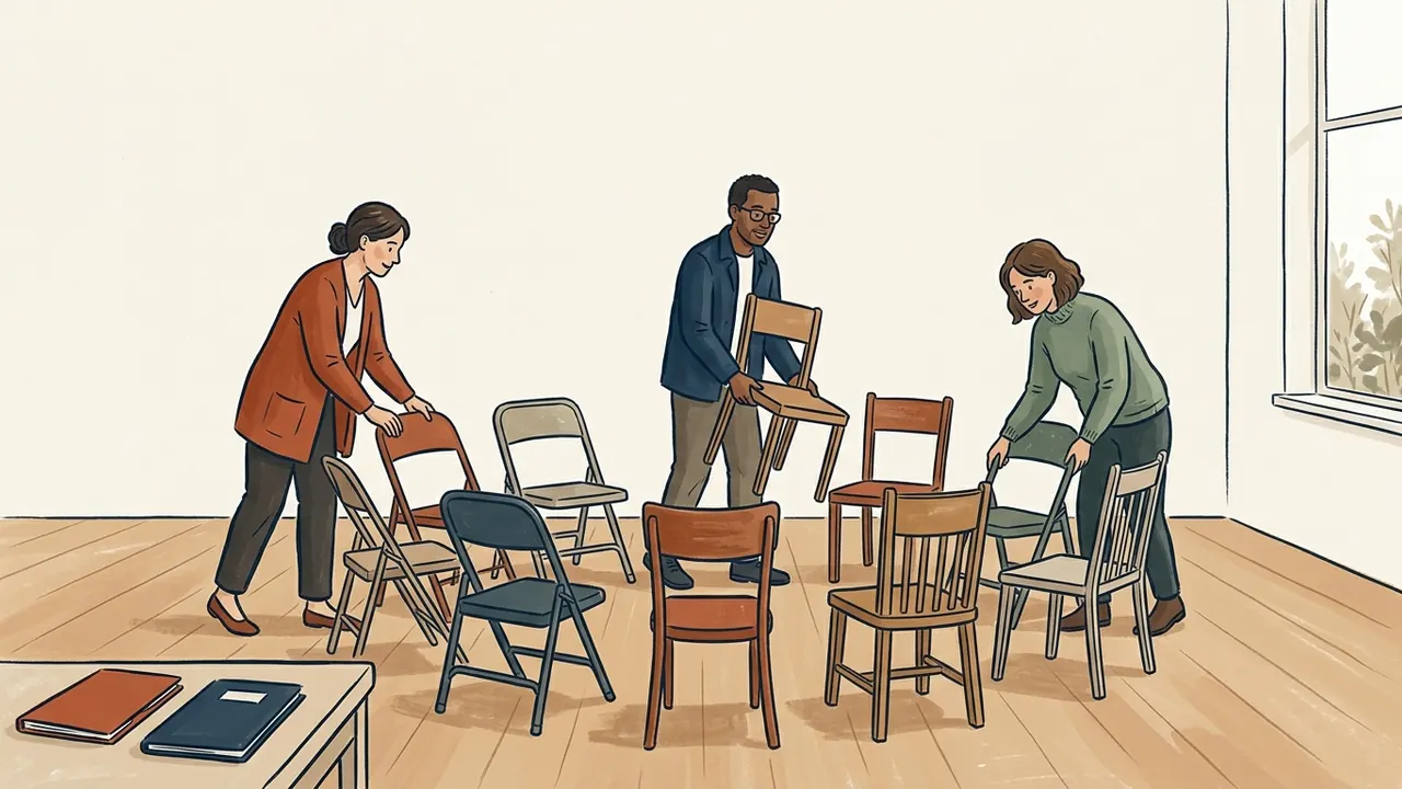 Tres personas colocan sillas en círculo para una conversación en una sala comunitaria.