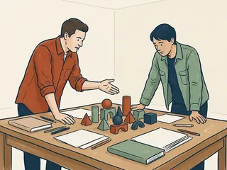 Dos personas adultas comentan una composición de piezas geométricas sobre una mesa con cuadernos lisos.