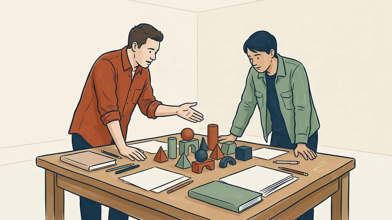 Dos personas adultas comentan una composición de piezas geométricas sobre una mesa con cuadernos lisos.