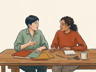 Dos personas adultas conversan junto a papeles de colores sobre una mesa.