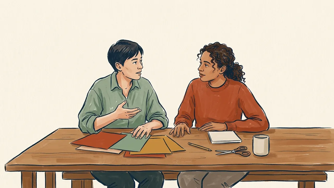 Dos personas adultas conversan junto a papeles de colores sobre una mesa.