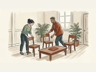 Dos personas adultas preparan sillas junto a una mesa baja para un encuentro.