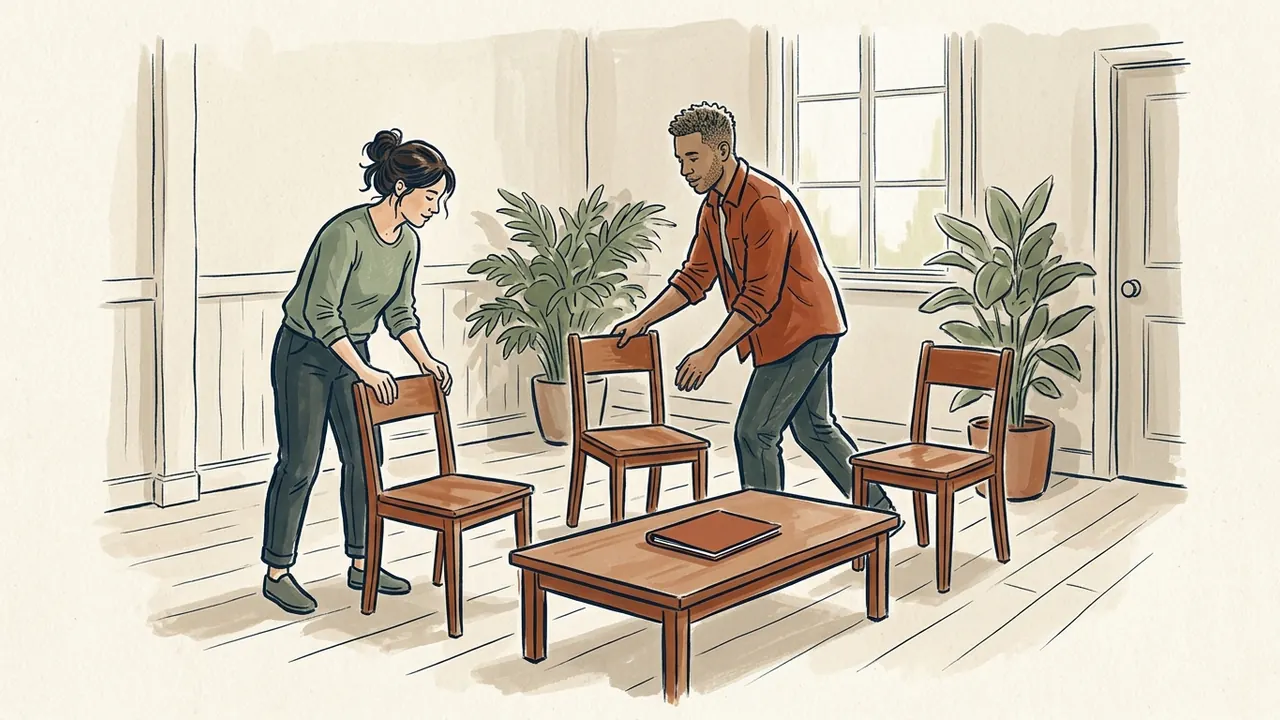 Dos personas adultas preparan sillas junto a una mesa baja para un encuentro.