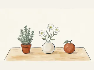Una maceta de romero, un jarrón con flores blancas y una naranja sobre una mesa.