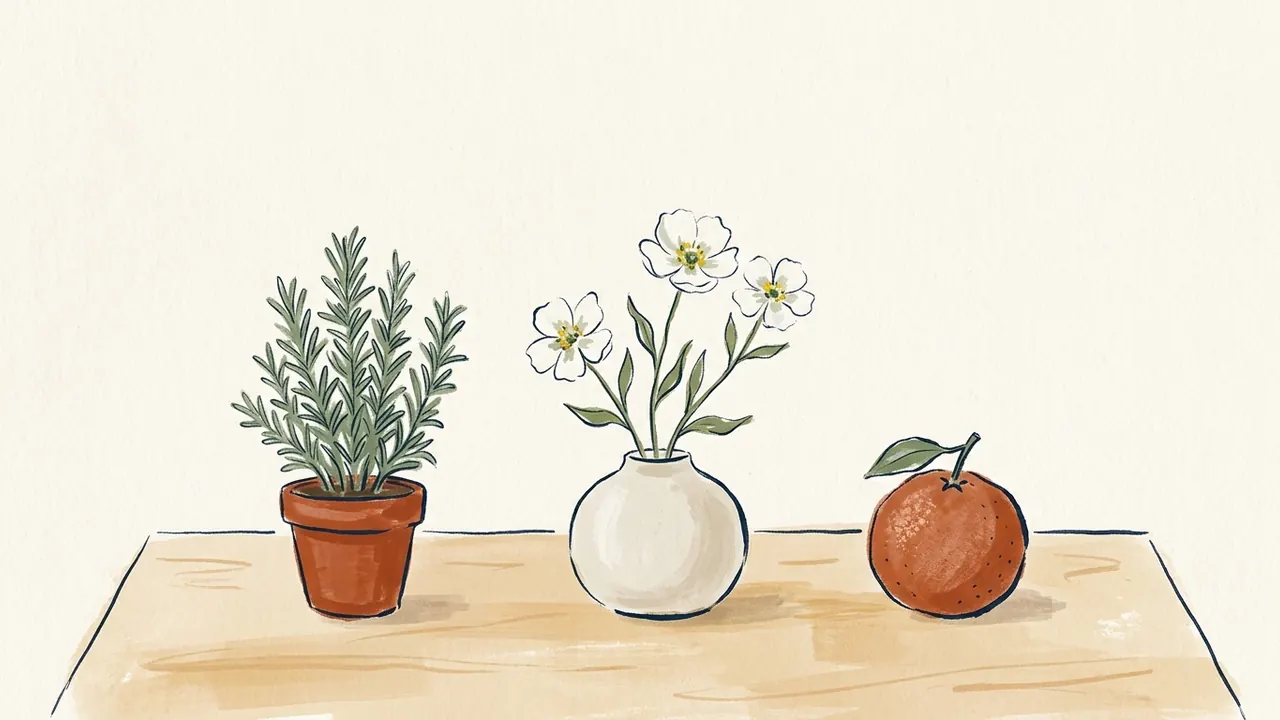 Una maceta de romero, un jarrón con flores blancas y una naranja sobre una mesa.
