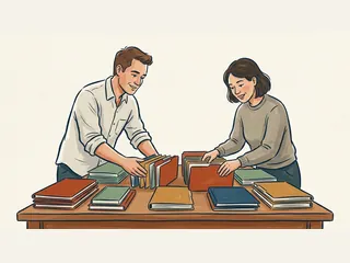 Dos personas organizan carpetas cerradas sobre una mesa para una actividad informativa.