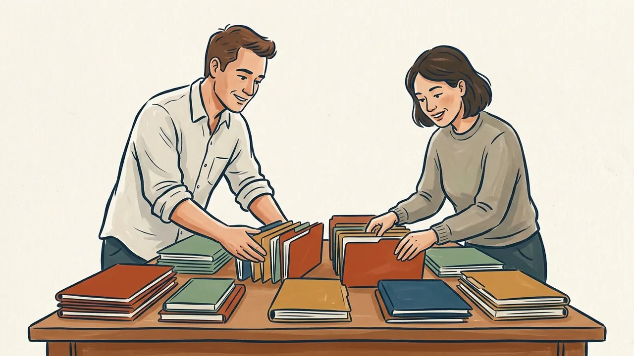 Dos personas organizan carpetas cerradas sobre una mesa para una actividad informativa.