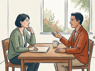 Dos personas adultas conversan junto a una carpeta cerrada en una sala tranquila.