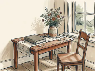 Flores, piedras y un libro cerrado sobre una mesa junto a una ventana.