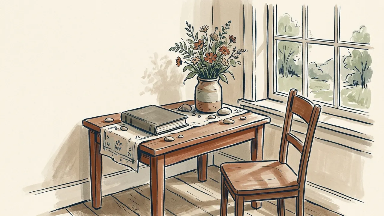 Flores, piedras y un libro cerrado sobre una mesa junto a una ventana.