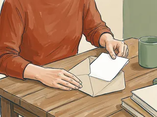Dos manos colocan una hoja blanca dentro de un sobre liso sobre una mesa.