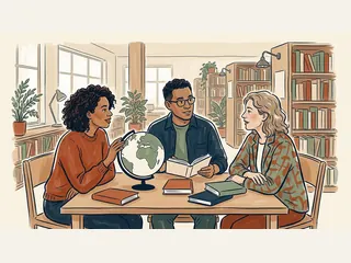 Tres personas conversan alrededor de un globo terráqueo y libros en una biblioteca.
