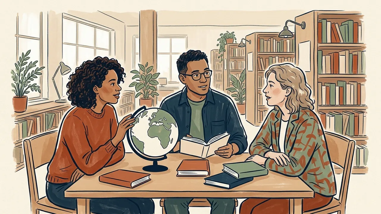 Tres personas conversan alrededor de un globo terráqueo y libros en una biblioteca.