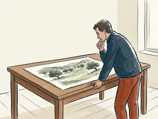 Una persona contempla sobre una mesa un dibujo original de una dehesa imaginaria.