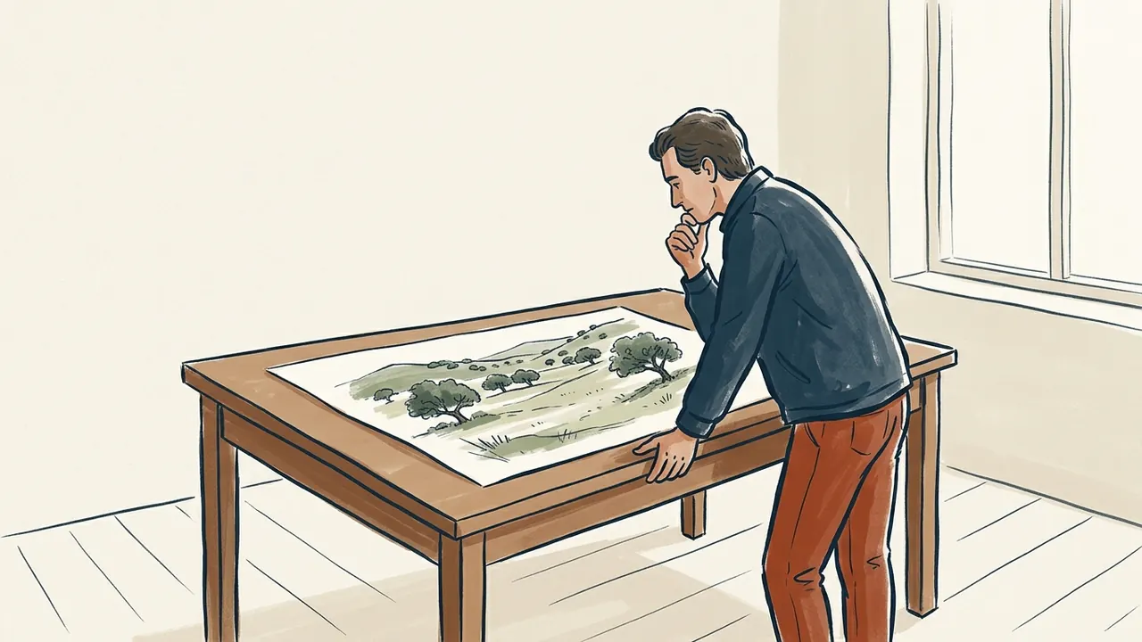 Una persona contempla sobre una mesa un dibujo original de una dehesa imaginaria.