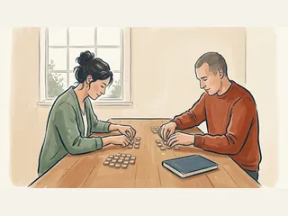 Dos personas organizan fichas de madera sobre una mesa.