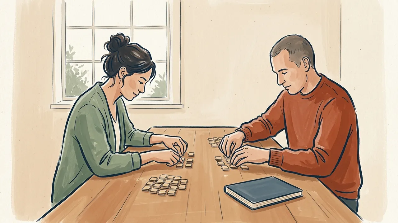 Dos personas organizan fichas de madera sobre una mesa.