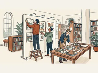 Tres personas preparan una exposición de dibujos en una biblioteca.