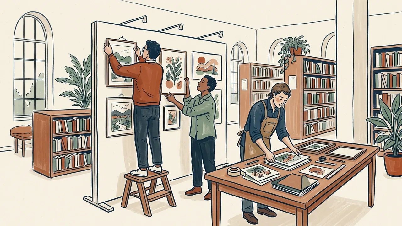 Tres personas preparan una exposición de dibujos en una biblioteca.