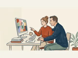 Dos personas adultas observan un candado sobre bloques de color en una pantalla de ordenador.