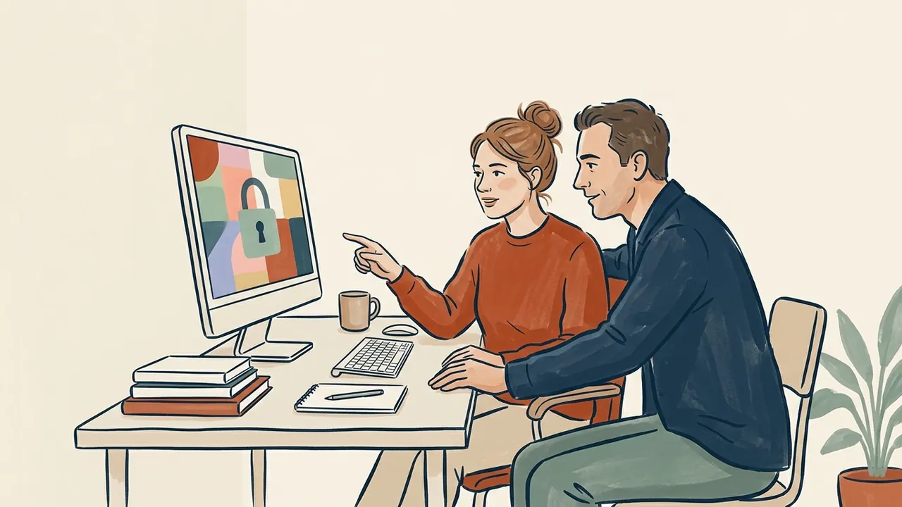 Dos personas adultas observan un candado sobre bloques de color en una pantalla de ordenador.