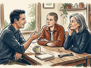 Tres personas conversan alrededor de una mesa con una taza, un cuaderno y una herramienta.
