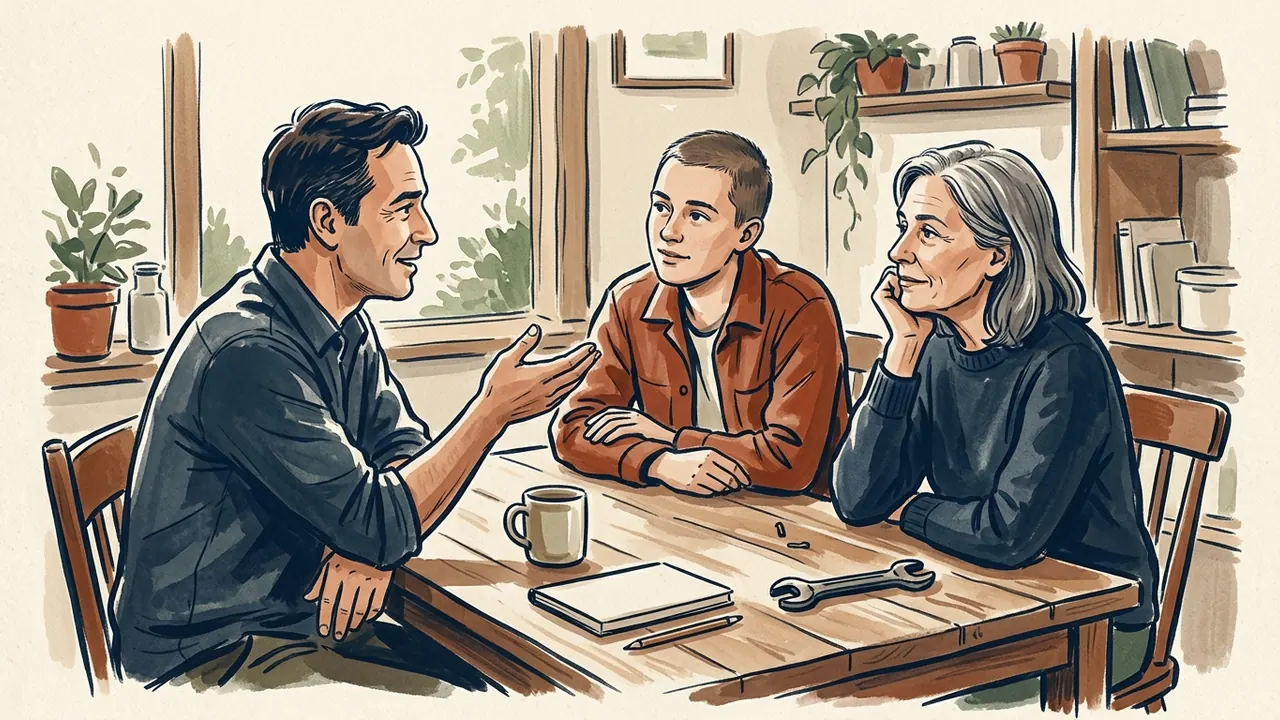Tres personas conversan alrededor de una mesa con una taza, un cuaderno y una herramienta.